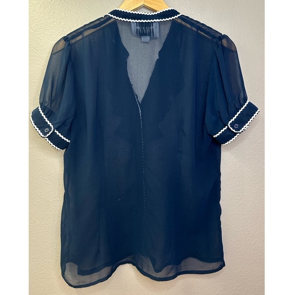 The Shirt by Rochelle Behrens Blue Ruffled Trimmed Sheer Short Sleeve Blouse - Picture 7 of 8